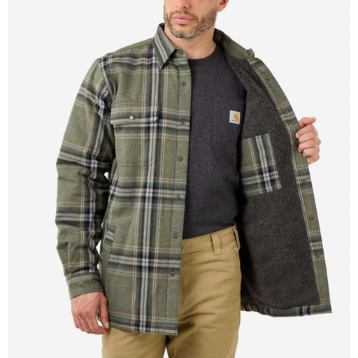 Carhartt-flannel-sherpa-lined-skjortejakke-grøn-åben-front